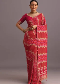 Rani Pink Khaddi Georgette Woven Saree With Gotta Patti Border