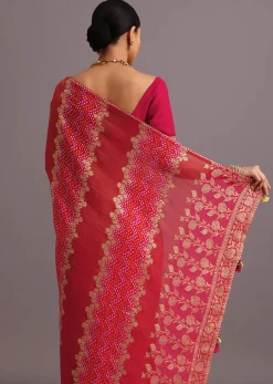Rani Pink Khaddi Georgette Woven Saree With Gotta Patti Border