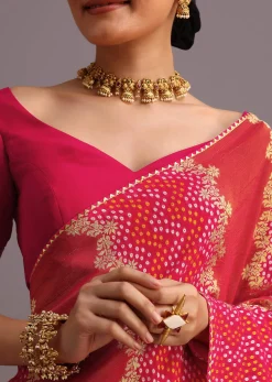 Rani Pink Khaddi Georgette Woven Saree With Gotta Patti Border