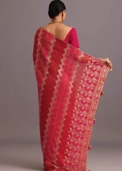 Rani Pink Khaddi Georgette Woven Saree With Gotta Patti Border