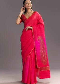 Rani Pink Kora Silk Handloom Saree With Woven Motif