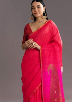 Rani Pink Kora Silk Handloom Saree With Woven Motif