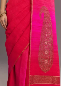 Rani Pink Kora Silk Handloom Saree With Woven Motif