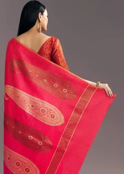 Rani Pink Kora Silk Handloom Saree With Woven Motif