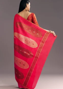 Rani Pink Kora Silk Handloom Saree With Woven Motif