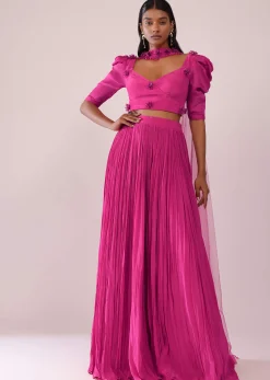 Rani Pink Lehenga And Blouse With Bishop Sleeves And hand Embroidered Brooch