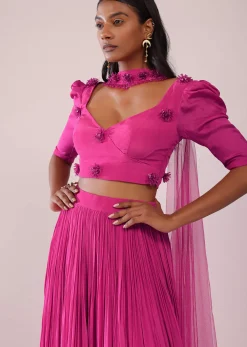 Rani Pink Lehenga And Blouse With Bishop Sleeves And hand Embroidered Brooch