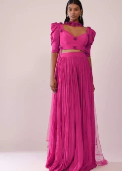 Rani Pink Lehenga And Blouse With Bishop Sleeves And hand Embroidered Brooch