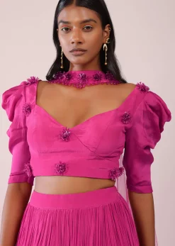 Rani Pink Lehenga And Blouse With Bishop Sleeves And hand Embroidered Brooch