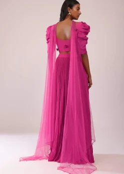 Rani Pink Lehenga And Blouse With Bishop Sleeves And hand Embroidered Brooch