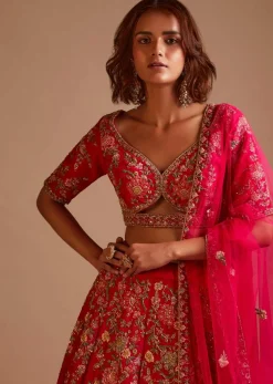 Rani Pink Lehenga Choli In Raw Silk With Hand Embroidered Cluster Of Flowers Cascading Into Floral Buttis