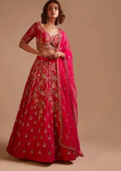 Rani Pink Lehenga Choli In Raw Silk With Hand Embroidered Cluster Of Flowers Cascading Into Floral Buttis