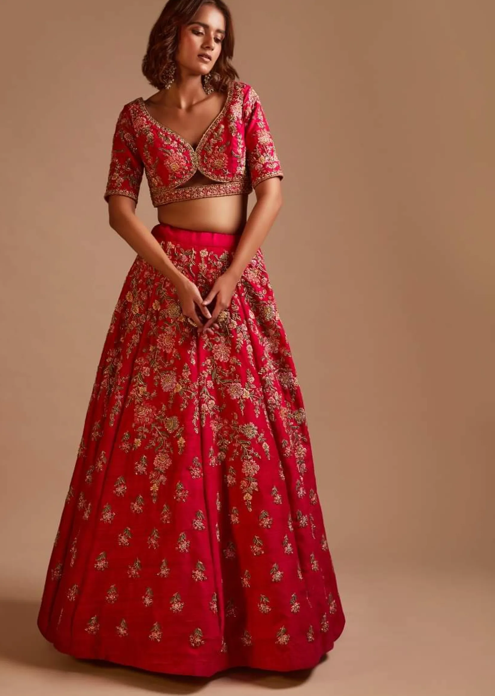 Rani Pink Lehenga Choli In Raw Silk With Hand Embroidered Cluster Of Flowers Cascading Into Floral Buttis