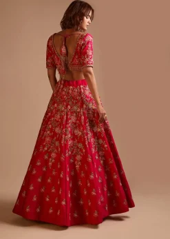 Rani Pink Lehenga Choli In Raw Silk With Hand Embroidered Cluster Of Flowers Cascading Into Floral Buttis