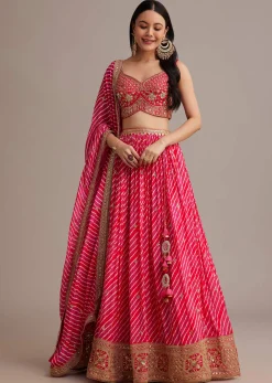Rani Pink Leheriya Lehenga Set With Zardosi And Sequins Work