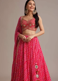 Rani Pink Leheriya Lehenga Set With Zardosi And Sequins Work