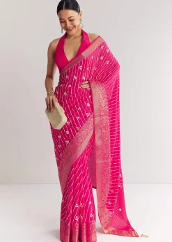 Rani Pink Leheriya Print With Floral Gotapatti And Moti Embroidery.