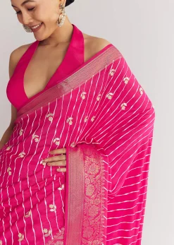Rani Pink Leheriya Print With Floral Gotapatti And Moti Embroidery.