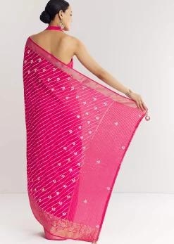 Rani Pink Leheriya Print With Floral Gotapatti And Moti Embroidery.
