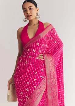 Rani Pink Leheriya Print With Floral Gotapatti And Moti Embroidery.