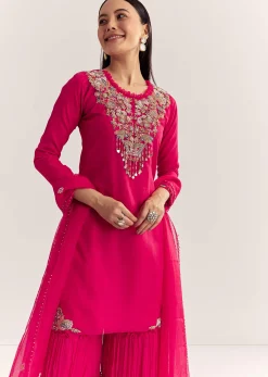 Rani Pink Organza Embroidered Kurta Set With Dupatta