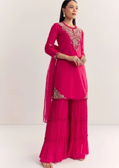 Rani Pink Organza Embroidered Kurta Set With Dupatta