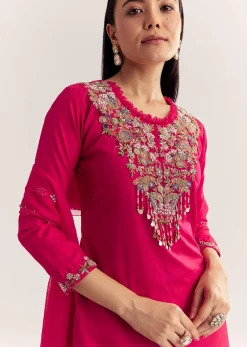 Rani Pink Organza Embroidered Kurta Set With Dupatta