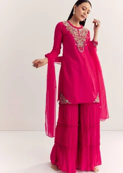 Rani Pink Organza Embroidered Kurta Set With Dupatta