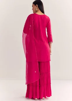 Rani Pink Organza Embroidered Kurta Set With Dupatta