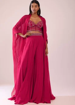 Rani Pink Organza Palazzo And Corset Blouse Set With Floral Embroidery