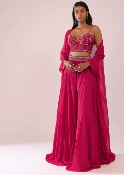 Rani Pink Organza Palazzo And Corset Blouse Set With Floral Embroidery