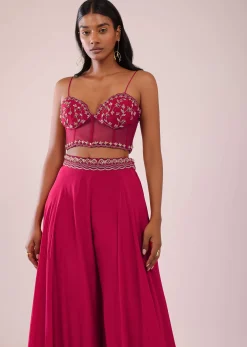 Rani Pink Organza Palazzo And Corset Blouse Set With Floral Embroidery