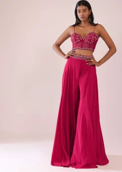 Rani Pink Organza Palazzo And Corset Blouse Set With Floral Embroidery