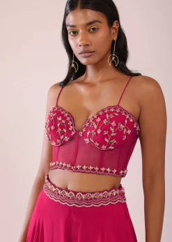Rani Pink Organza Palazzo And Corset Blouse Set With Floral Embroidery