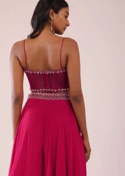 Rani Pink Organza Palazzo And Corset Blouse Set With Floral Embroidery