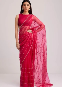 Rani Pink Organza Saree With Cutdana Embroidery