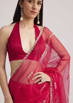 Rani Pink Organza Saree With Overall Cutdana Work