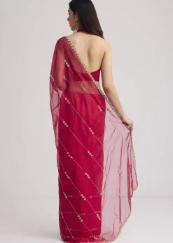 Rani Pink Organza Saree With Overall Cutdana Work