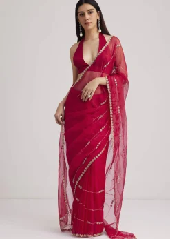 Rani Pink Organza Saree With Overall Cutdana Work