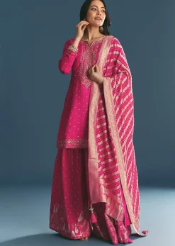 Rani Pink Russian Silk Kurta Palazzo With Banarasi Dupatta