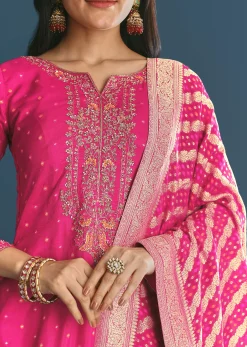 Rani Pink Russian Silk Kurta Palazzo With Banarasi Dupatta