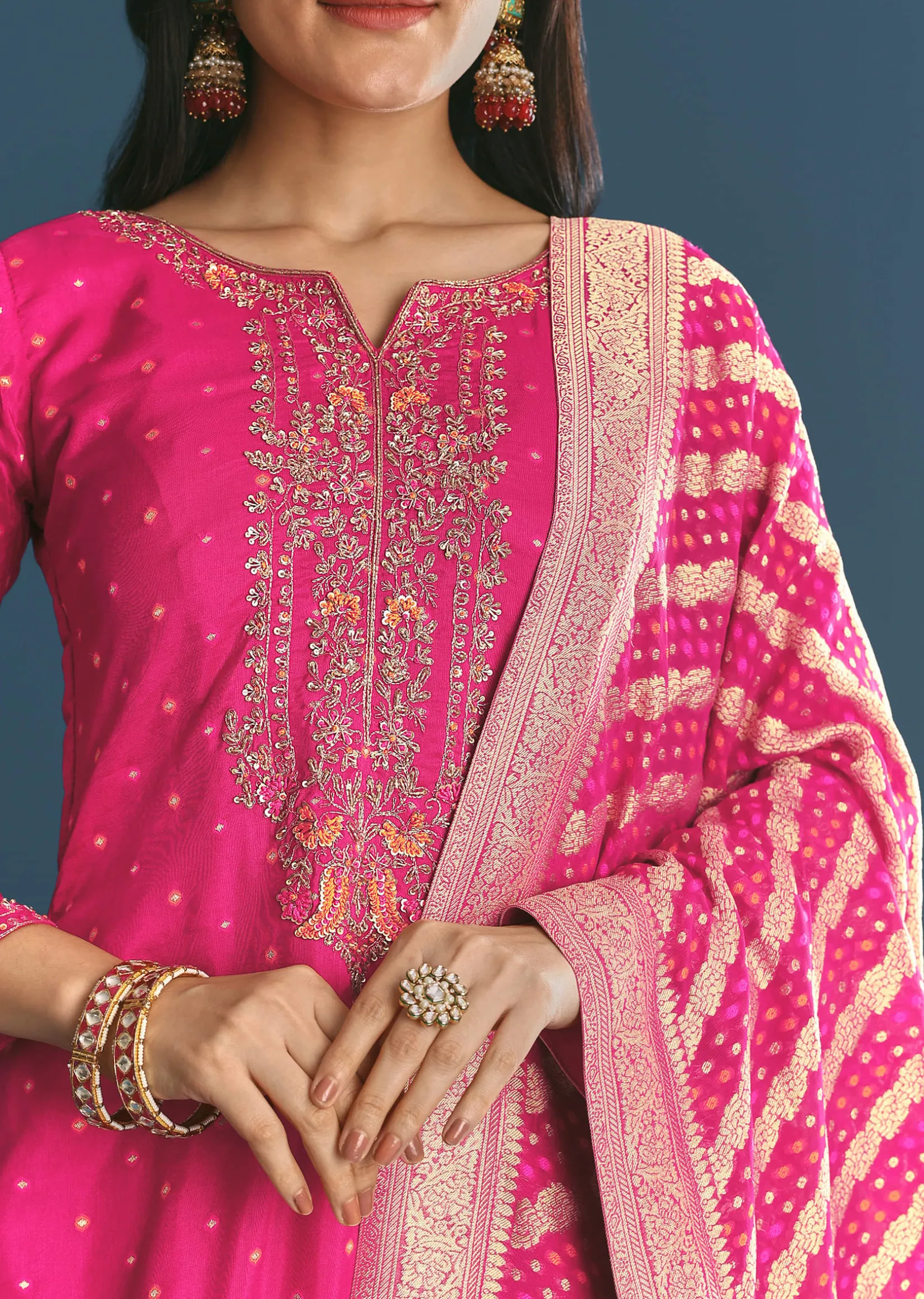 Rani Pink Russian Silk Kurta Palazzo With Banarasi Dupatta