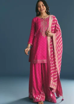 Rani Pink Russian Silk Kurta Palazzo With Banarasi Dupatta