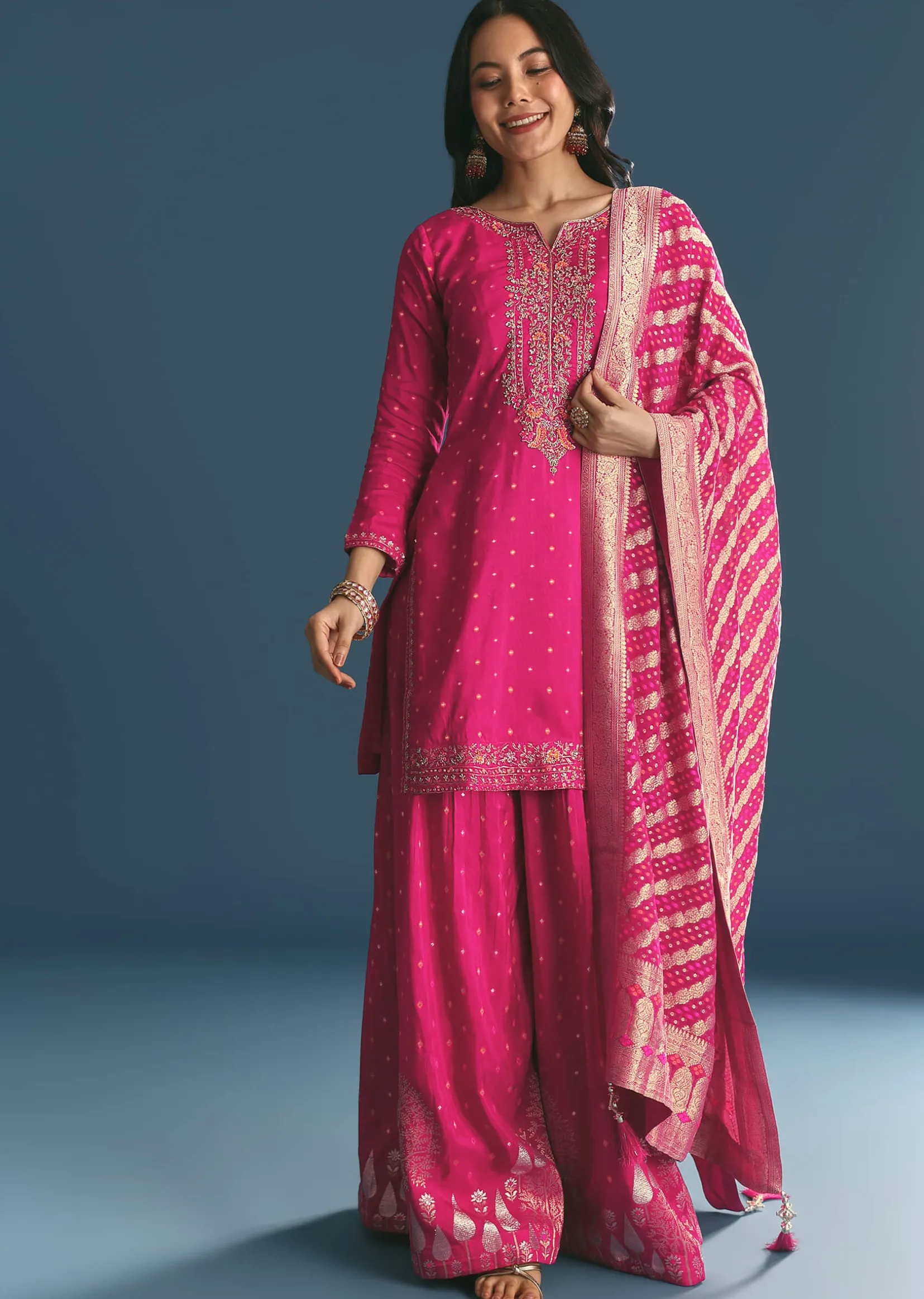 Rani Pink Russian Silk Kurta Palazzo With Banarasi Dupatta