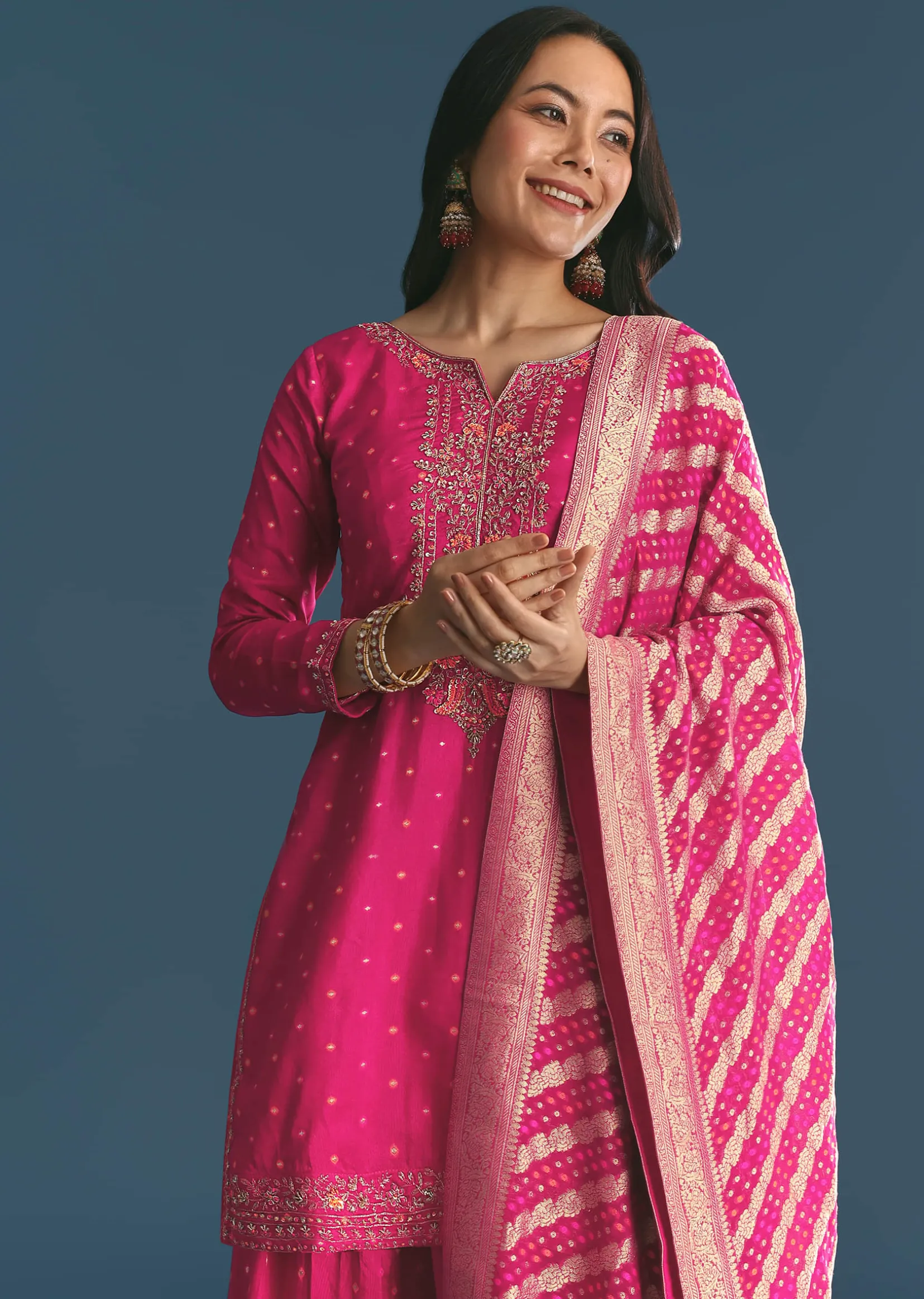 Rani Pink Russian Silk Kurta Palazzo With Banarasi Dupatta