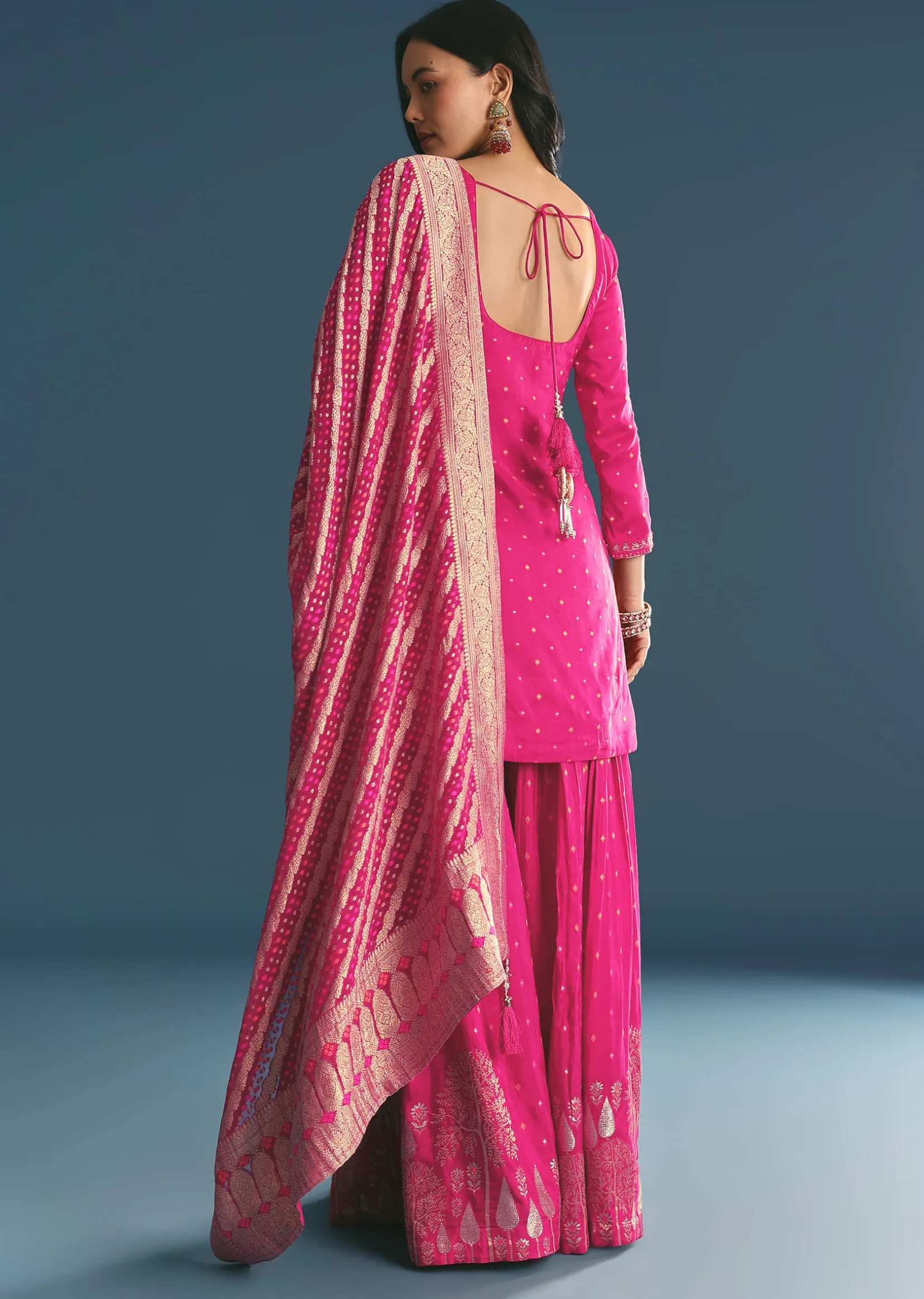 Rani Pink Russian Silk Kurta Palazzo With Banarasi Dupatta