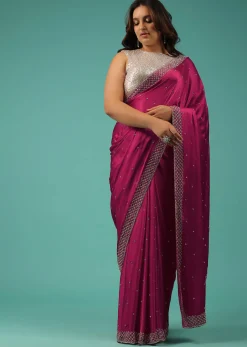 Rani Pink Saree In Chiffon With Cut Dana And Stones Embroidery