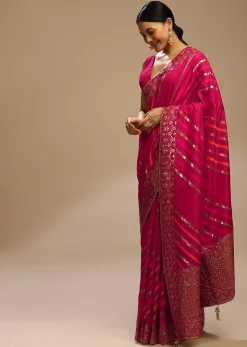Rani Pink Saree In Dola Silk With Multi Colored Woven Diagonal Stripes And Floral Border