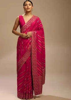 Rani Pink Saree In Dola Silk With Multi Colored Woven Diagonal Stripes And Floral Border
