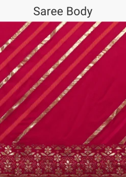 Rani Pink Saree In Dola Silk With Multi Colored Woven Diagonal Stripes And Floral Border